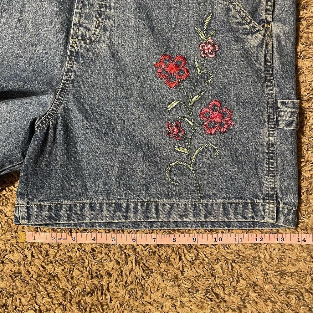 VTG Route 66 Denim Carpenter Short Overalls L Bibs Embroidered Floral Y2K 90s - Picture 11 of 12